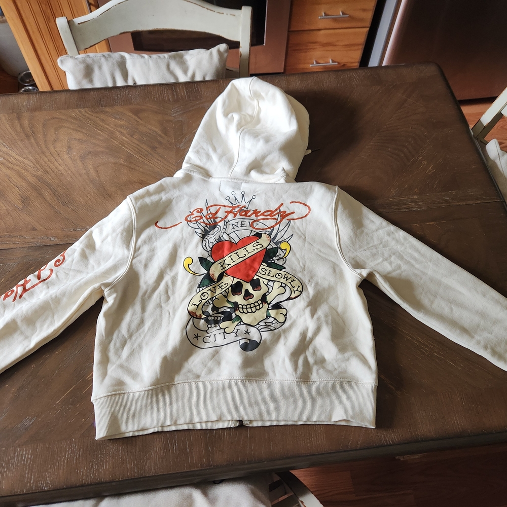 Ed Hardy Cream Zip-Up Hoodie with Orange Script - Picture 2 of 2